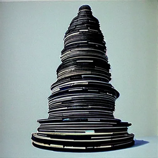 Image similar to tower of babel reaching up to heaven but it is made from 12 inch vinyl LPs