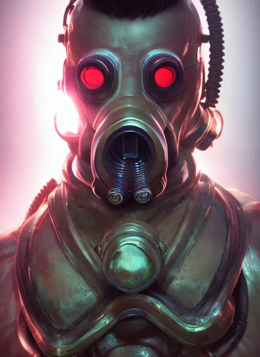 Prompt: glowwave portrait of muscular man with red eyes and a gas mask, au naturel, hyper detailed, digital art, trending in artstation, cinematic lighting, studio quality, smooth render, unreal engine 5 rendered, octane rendered, art style by klimt and nixeu and ian sprigger and wlop and krenz cushart.