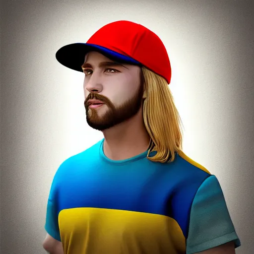 Image similar to colorful painting of a man with long blond hair with a colorful baseball cap for kids, matte painting, trending on art station, ultra - detailed, hq