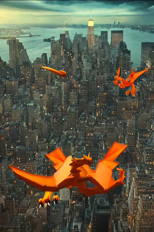 Image similar to charizard flying above new york, cybertronian, long shot, cinematography by wes anderson, 4 k octane render, intricate detail, photorealistic, cinematic lighting, artstation