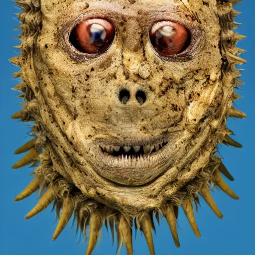 Image similar to a sentient alien from a newly discovered planet. angular jaw, open mouth, large canine teeth and it's throat is covered in spiny hairs, it's smooth bioluminescent skin is splattered by brown freckles on its cheeks, middle aged, hunter gatherer, portrait photograph, beautiful, poster, hyperrealistic