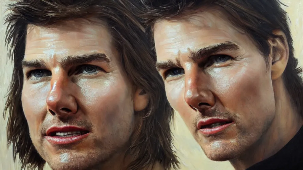 Image similar to The most beautiful portrait of Tom Cruise in the world; trending on artstation; oil on canvas; anatomically correct face; extraordinary masterpiece!!!!!!; 8k