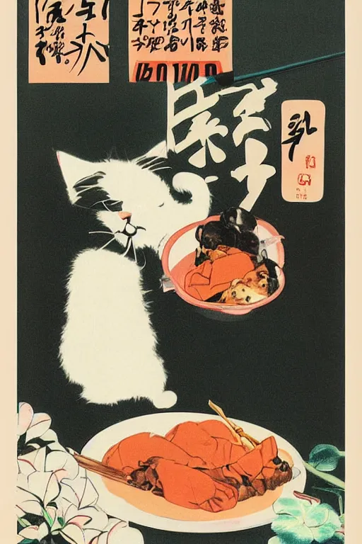 Prompt: cat advertisment, still life, 1 9 7 0 s japan shouwa advertisement, print, nostalgic