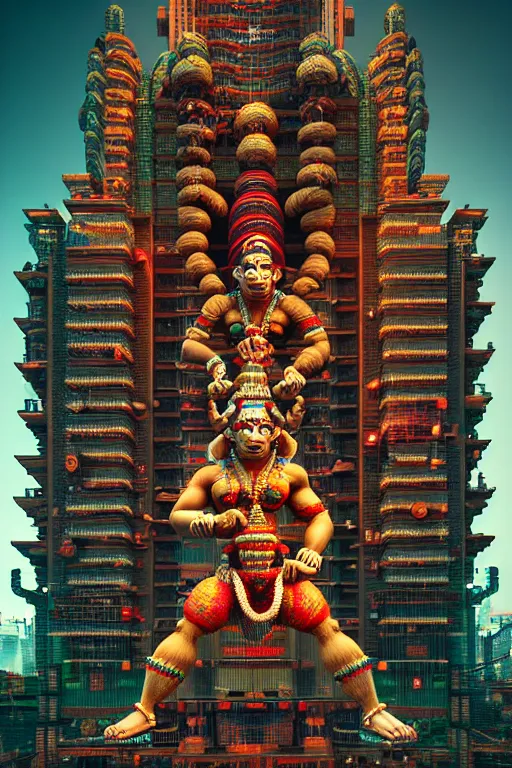 Image similar to high quality 3 d render post - rococo cyberpunk hanuman! head building, neon madhubani, highly detailed, in sci - fi mumbai, cinematic smooth unreal engine, lee madgwick & liam wong, dramatic light, low angle, uhd 8 k, sharp focus