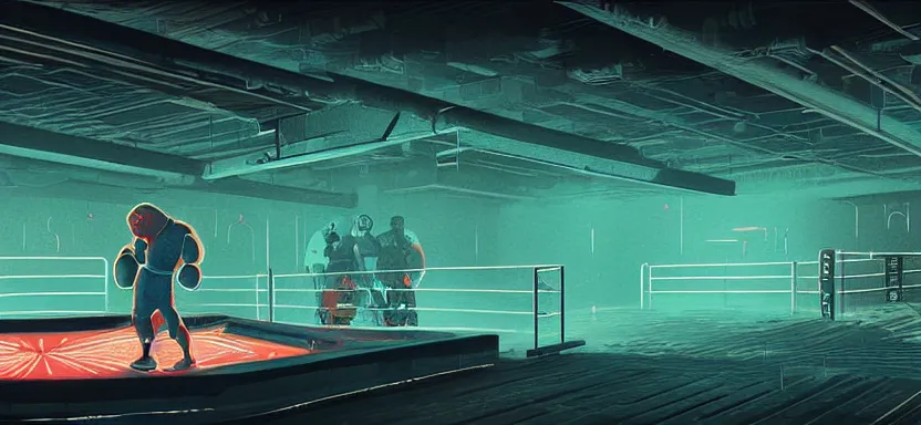 Image similar to handmade illustration of futuristic boxing ring, line art, octane render with volumetric lighting, watercolor by Kilian Eng and by Jake Parker, olympic weight room in bladerunner dystopia future, neon radioactive swamp