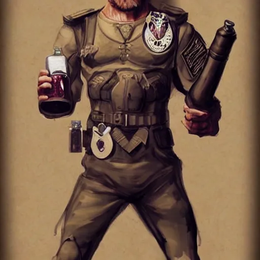 Image similar to a humanoid german shepherd beast - man in military style, holding a bottle of beer, artstation, concept art, smooth, sharp foccus ilustration, artstation