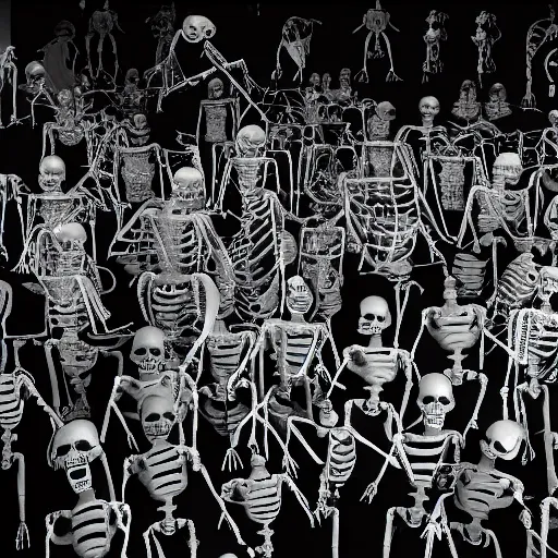 Image similar to photo, a giant crowd of silvery shiny refective black latex claymation skeletons by ray harryhausen dancing inside an underground ussr night club, edge lighting, ray traced lighting