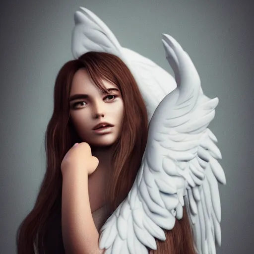 Image similar to a beautiful woman with angel wings a cloudy background, 3 d render octane, trending on artstation