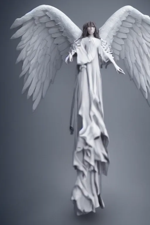 Image similar to wide angle portrait of a pure white angel subjugated to hate. One of the wings is black. dark fantasy, photoreal, octane render