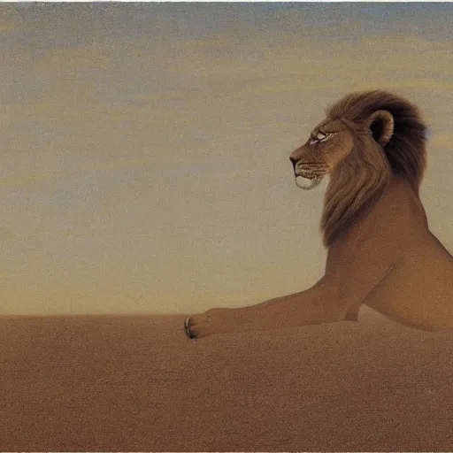 Image similar to Somewhere in sands of the desert, a shape with lion body and the head of a man, a gaze blank and pitiless as the sun, painted by Fernand Khnopff
