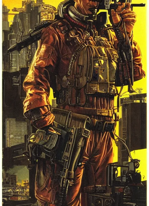 Image similar to cyberpunk mercenary. portrait by clyde caldwell and mœbius and will eisner and gil elvgren