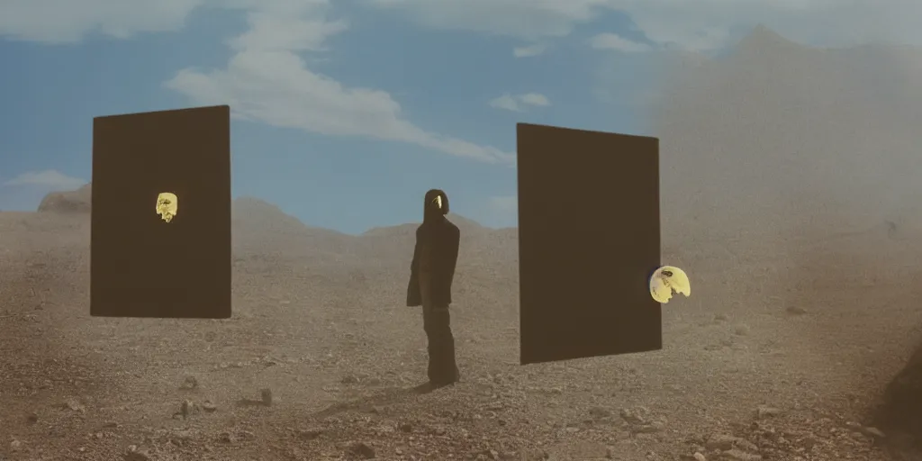 Prompt: levitating ghost silhouette with full - face golden mask in a dry rocky desert landscape, visible sky and sunny atmosphere, fata morgana and giant square mirrors by alejandro jodorowsky, anamorphic lens, kodakchrome, practical effects, masterpiece, 8 k