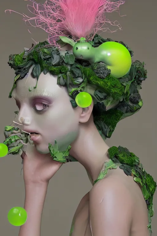 Image similar to nonbinary model, subject made of cracked clay, vine headdress, moss patches, 2 0 mm, with pastel yellow and green bubbles bursting out, melting into bulbasaur, delicate, beautiful, intricate, houdini sidefx, by jeremy mann and ilya kuvshinov, jamie hewlett and ayami kojima, bold 3 d