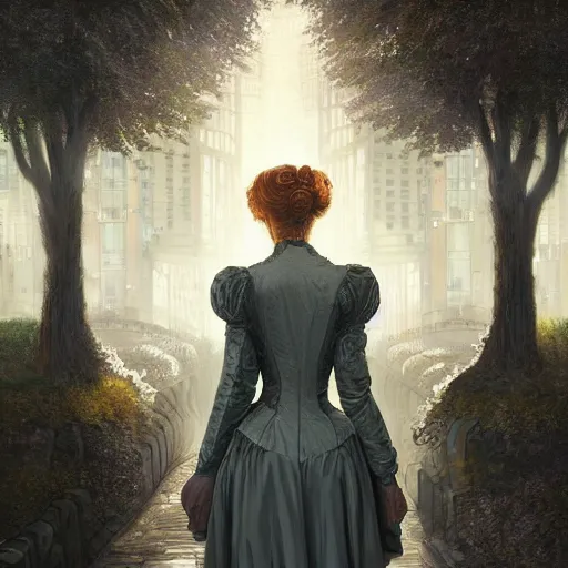 Prompt: portrait of a victorian lady in a futuristic city, from behind, streets, birds in the sky, sunlight and rays of light shining through trees, tall buildings on the sides, beautiful, solarpunk!!!, highly detailed, digital painting by Boris Johnson