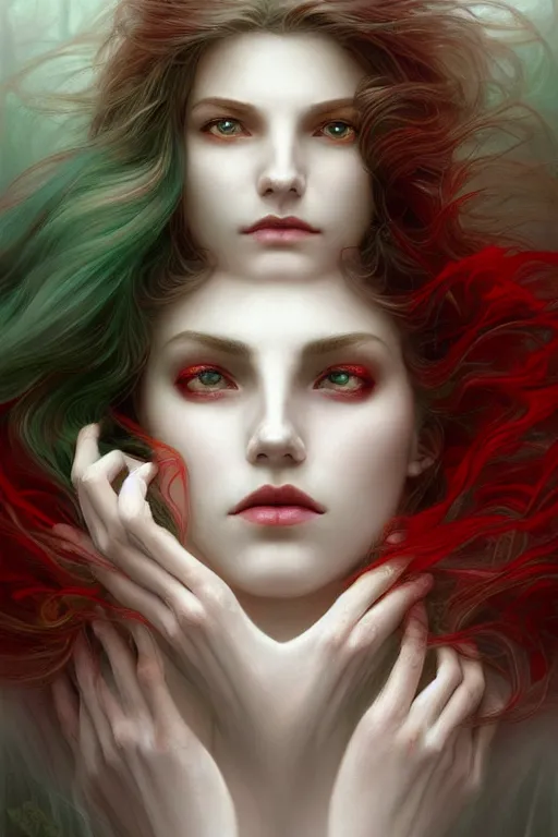 Image similar to portrait of white ghost, dark fantasy, gradient white red grey, dreamy and ethereal, green eyes, golden ratio, peaceful expression, lace, fantasy, intricate, elegant, stormy sky, highly detailed, digital painting, artstation, concept art, smooth, b sharp focus, illustration, art by artgerm and greg rutkowski and alphonse mucha