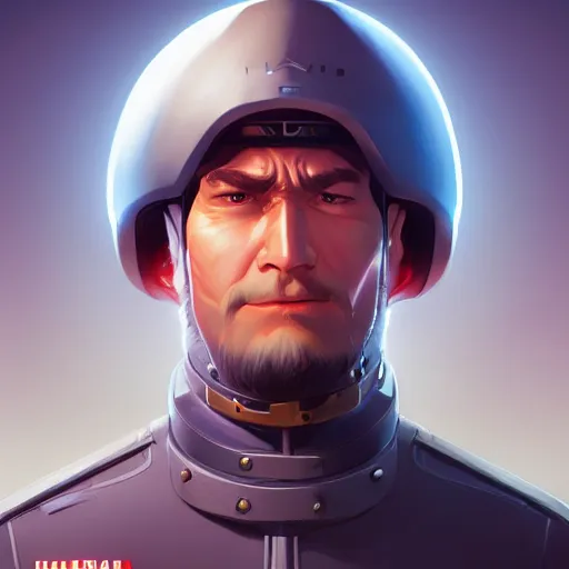 Prompt: Portrait of a futuristic general, LED helm, strong chin, lots of gallons on his jacket, mattepainting concept Blizzard pixar maya engine on stylized background splash comics global illumination lighting artstation lois van baarle, ilya kuvshinov, rossdraws