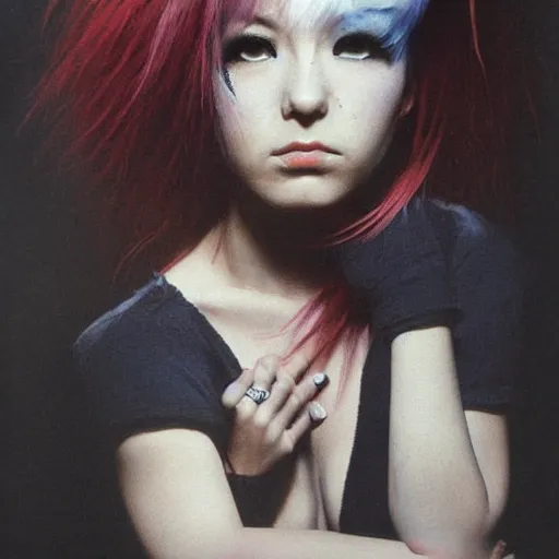 Image similar to A young woman with dyed hair hair looking disgusted away from the camera, Punk, Portrait by Noriyoshi Ohrai