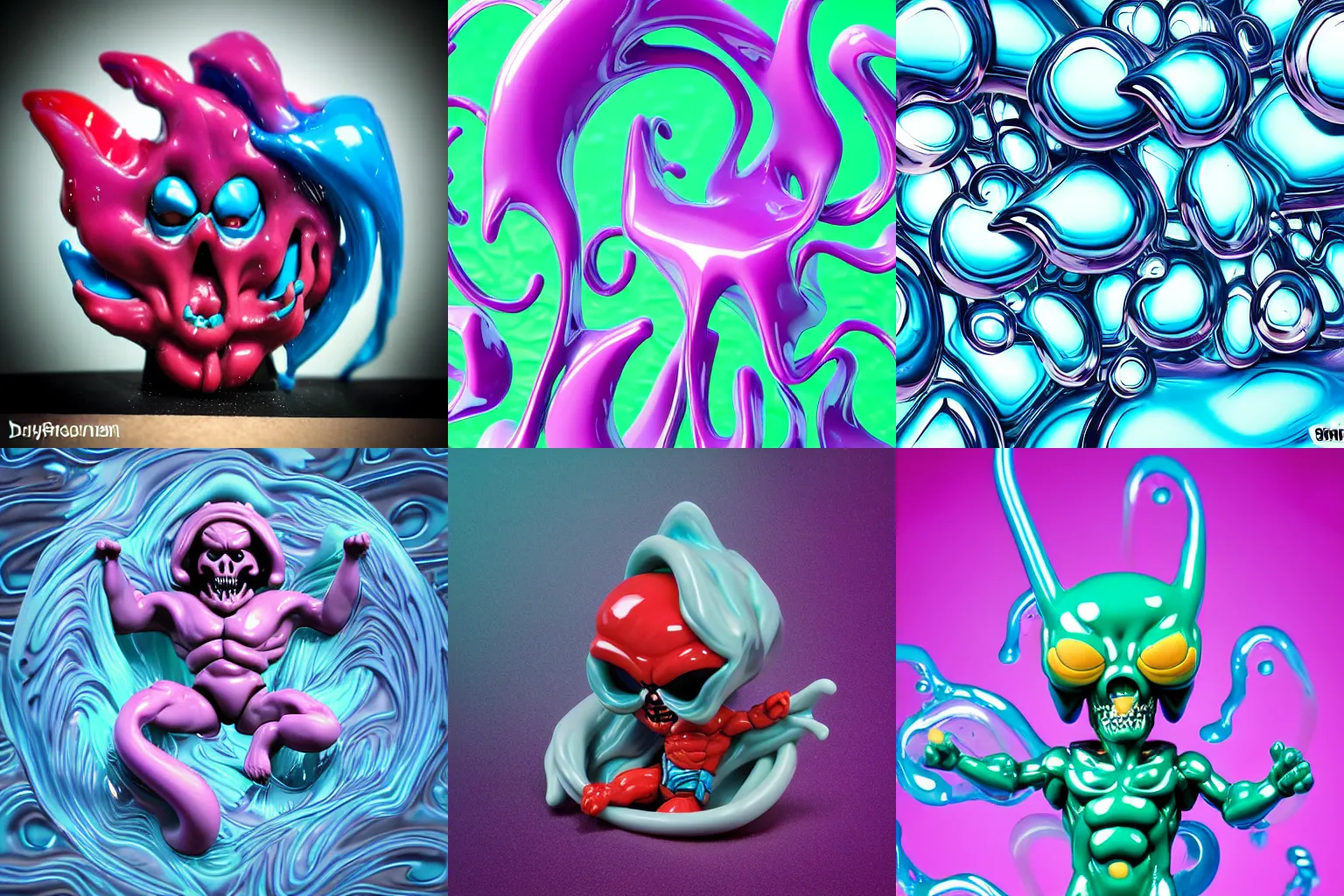 Prompt: swirly tubes, splash, closeup, transformer, superhero, cute, happy, sharp, funny, fun, screaming, laughing, drooling, elegant, simplistic splashy glossy melted heman skeletor action figure, drops, drips, beautiful cute, cute melting miniature resine action figure, 3d fractals, pictoplasma, one simple ceramic tintoy melting plastic, swampmonster robot mechabot detailed wrinkled face Figure sculpture, goggle eyes, 3d primitives, in a Studio hollow, by pixar, by chris mars, by jason edmiston, cgsociety, zbrush, artstation, by greg rutkowski, by craig mullins