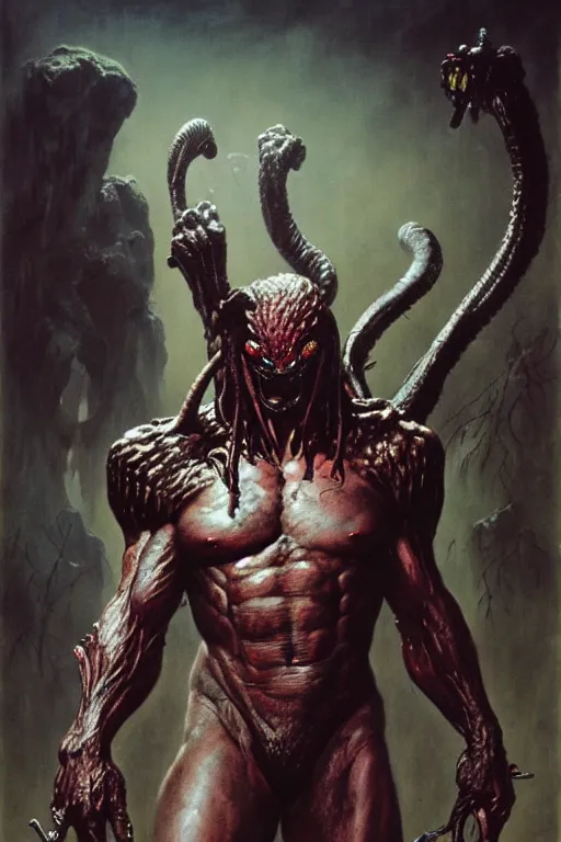 Image similar to the predator in the style of wayne barlowe, gustav moreau, goward, bussiere, roberto ferri, santiago caruso, luis ricardo falero, frazetta