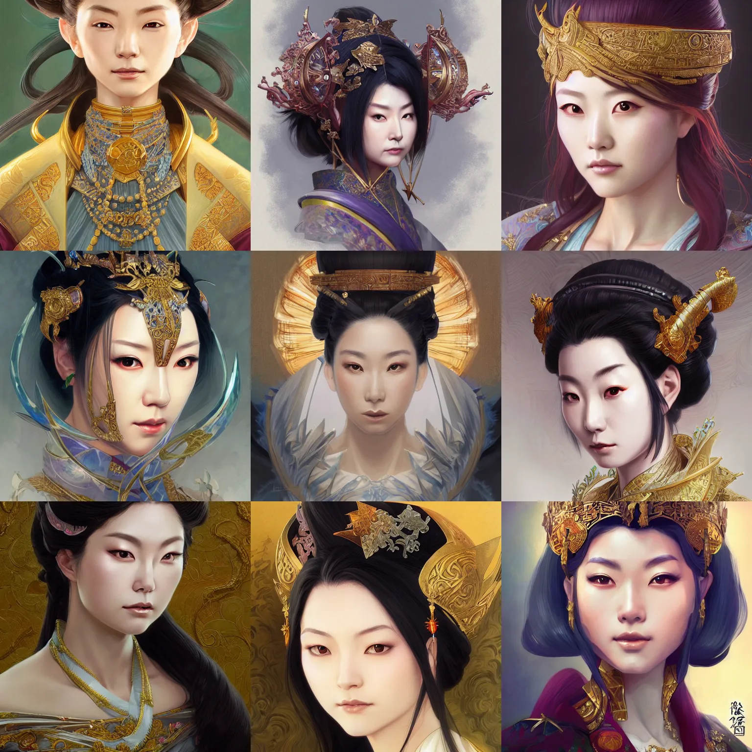 Prompt: japanese queen, D&D, headshot, elegant, intricate, painted fantasy character portrait, highly detailed, digital painting, artstation, concept art, sharp focus, illustration, art by artgerm and greg rutkowski and alphonse mucha