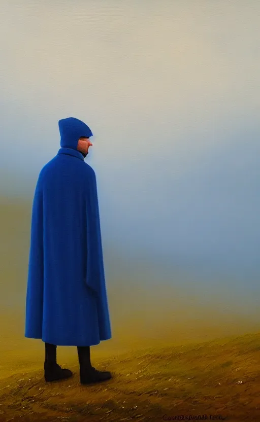 Prompt: oil painting of a blue caped man, lonely, depression, foggy background, standing in midground, blue sky, by capsar david friedrich