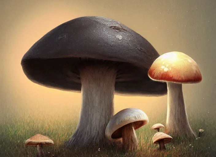 Image similar to a cute creature sitting next to a mushroom concept portrait, detailed, sharp focus, pastel, intricate, realistic, smooth, volumetric lighting, digital painting, by miyazaki