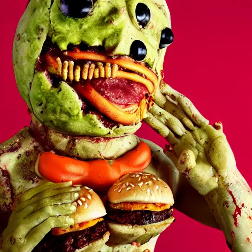 Image similar to a humanoid bipedal upright zombie that strongly resembles a hamburger, professional food photography