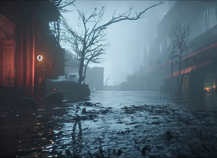 Image similar to dark, misty, foggy, flooded new york city street swamp in Destiny 2, liminal creepy, dark, dystopian, abandoned highly detailed 4k in-game destiny 2 screenshot gameplay showcase