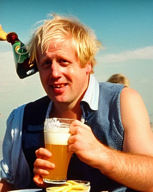 Image similar to film still close - up shot of boris johnson drinking a beer on the beach from the movie monty python's the meaning of life. photographic, photography