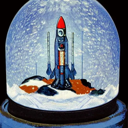 Image similar to a space rocket inside a snow globe by van gogh