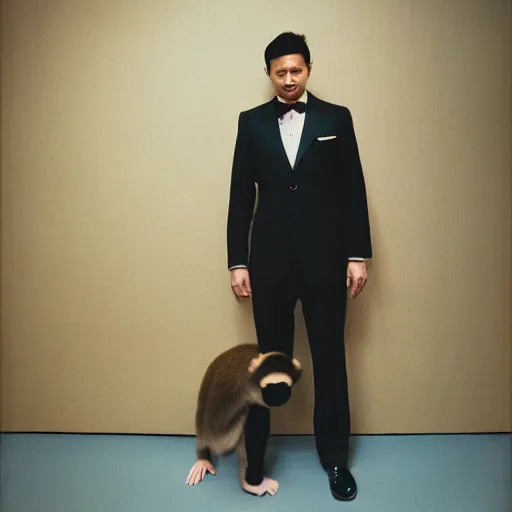 Prompt: monkey wearing a suit and tie, studio photography, cinestill, 8 0 0 t, 3 5 mm, full - hd