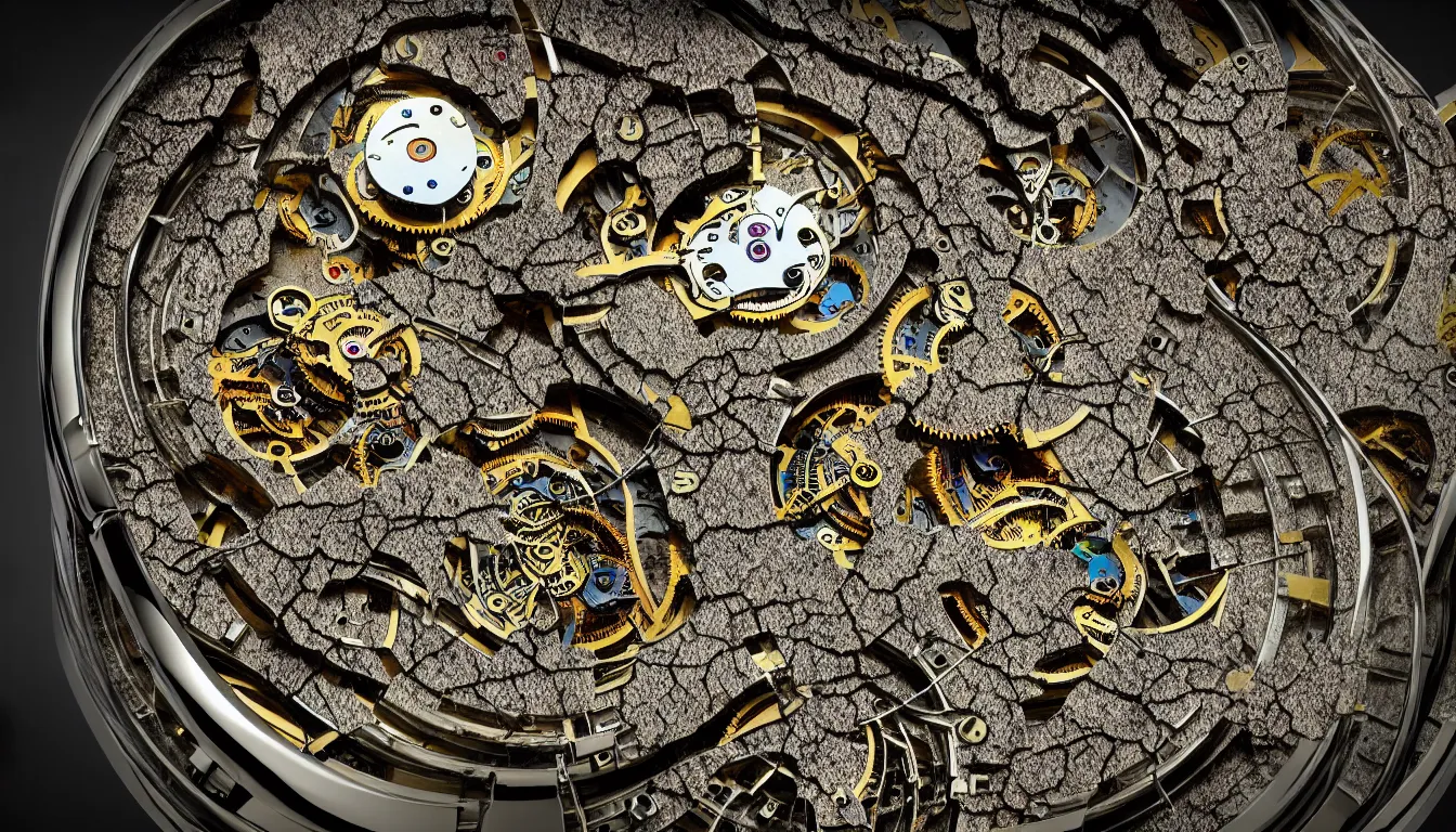 Prompt: detailed view from inside a clockwork watch, entangled roots, cracked earth, microorganisms smeared, hyper realistic photo, full colour, upscale, 8 k