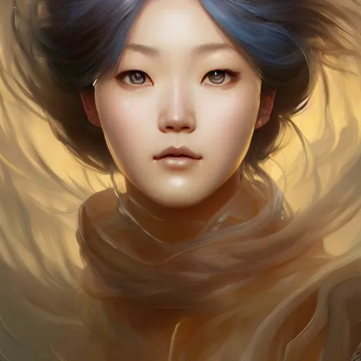 Image similar to asian female wind elemental, light blue color palette, lifelike, portrait, highly detailed, digital painting, artstation, concept art, sharp focus, illustration, cinematic lighting, art by artgerm and greg rutkowski and alphonse mucha