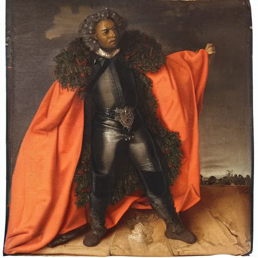 Image similar to photograph of a black man with afro hair wearing an army green cloak, mounting!! an orange colored detailed anatomically correct bull!!, renaissance style painting