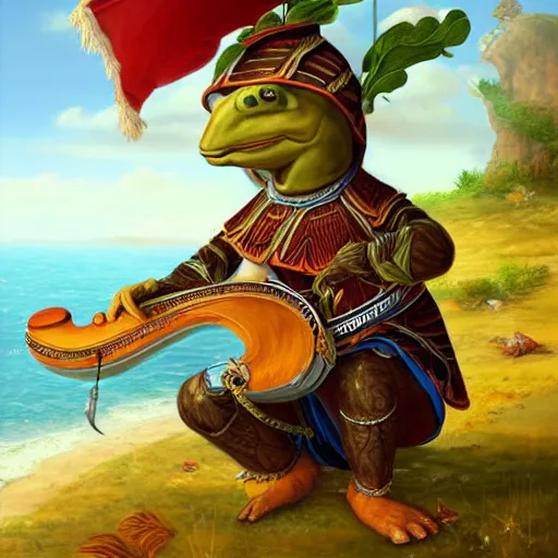 Image similar to an anthropomorphic tortoise playing a lute by the sea, Highly detailed and beautiful fantasy art trending in art station.