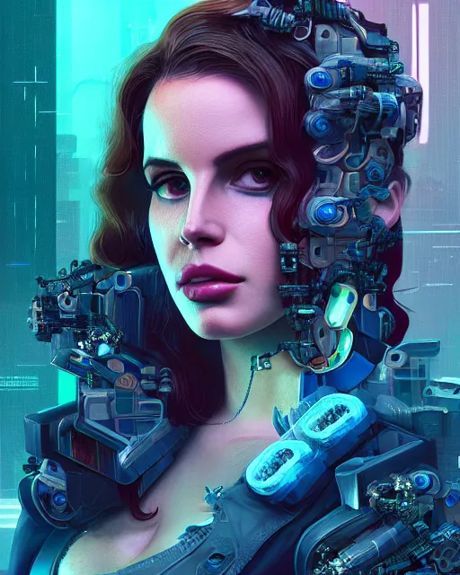 Image similar to portrait of lana del rey as a cyberpunk cyborg. roses, sci - fi, intricate abstract, upper body, intricate artwork, by tooth wu, wlop, beeple, dan mumford. concept art, 8 k octane render, deviantart, greg rutkowski, cinematic, key art, hyperrealism, iridescent accents