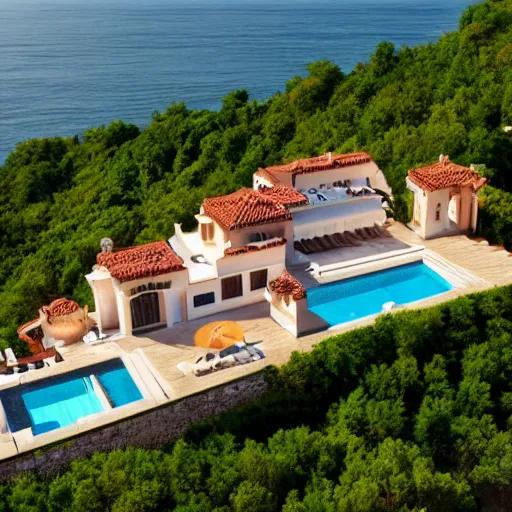 Prompt: design of a luxurious villa on a cliff, aerial view, roman design, ligh brown color scheme, vivid lighting, 4 k