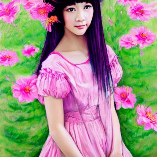 Prompt: super realistic painting of a beautiful young asian girl wearing pink victorian style wig with flowers