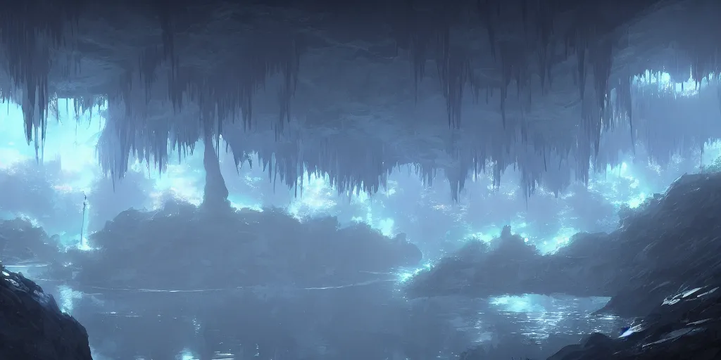 Prompt: an eerie deep cave landscape by makoto shinkai