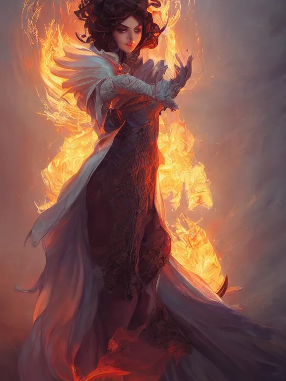 Prompt: summoner with a fire elemental, fantasy, intricate, elegant, highly detailed, digital painting, artstation, concept art, wallpaper, smooth, sharp focus, illustration, art by artgerm and greg rutkowski and alphonse mucha