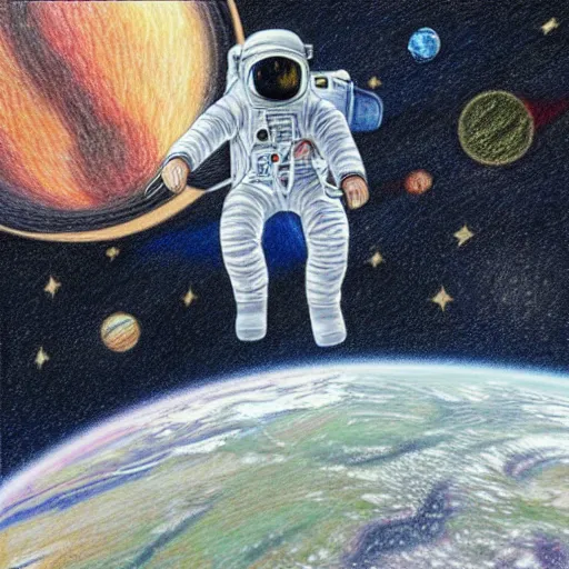 Image similar to highly detailed color pencil drawing of an astronaut drifting in space