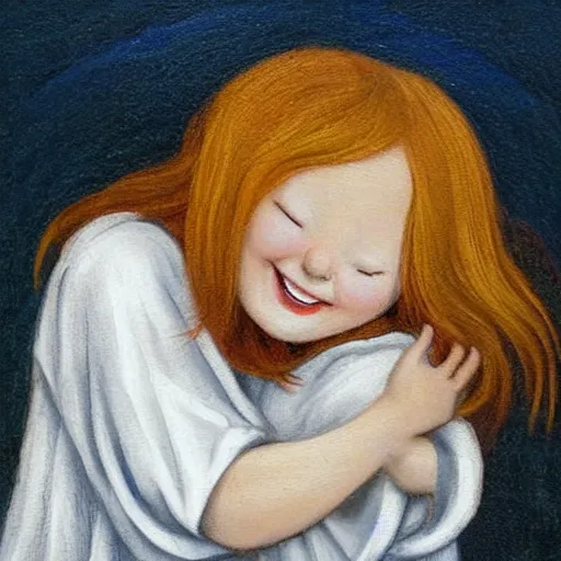 Prompt: black haired girl hugging a ginger girl and smiling, beautiful, innocent, angelic, happy, warm, soft lighting, in the clouds, renaissance, beautiful, cherubic, oil painting