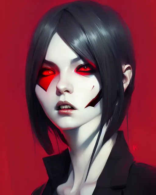 Prompt: sharp hq rendering, dark vampire, character portrait, concept art, painterly, fanart, highly detailed in the style of wlop by ilya kuvshinov, wenjun lin, angular geometric symmetrical design