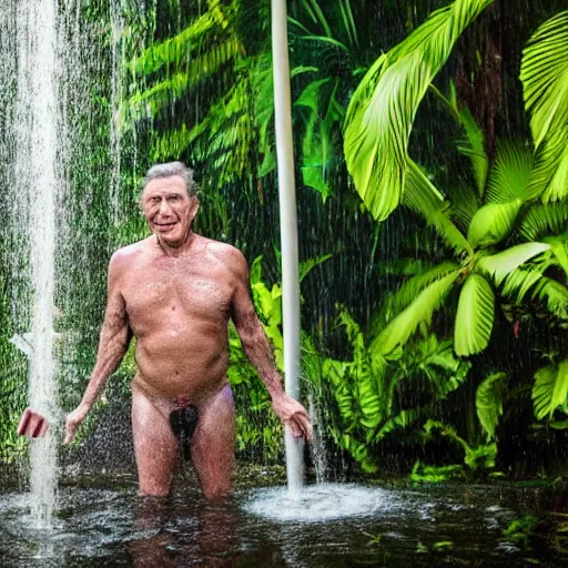 Image similar to 4 k hdr full body wide angle sony portrait of two ronald reagans showering in a tropical bali jungle shower with moody stormy overcast lighting