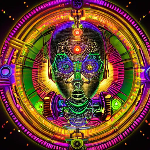 Image similar to hyperdetailed masterpiece portrait of a steampunk robot, covered in colorful glowing holy geometry and chakras, wearing headphones, symmetrical, 8 k, halluzinogenic, flourescent colors on black background