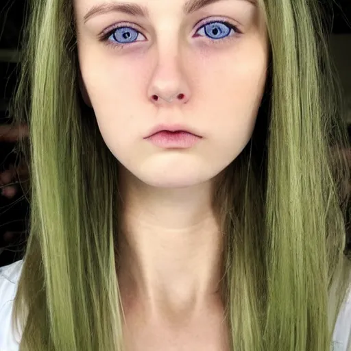 Image similar to brunette with dyed blonde hair, 21 years old, 165 cm tall, long flat hair, blonde, green eyes, smaller nose, smaller mouth, round shaped face, big forehead, lop eared, thin eyebrows, real life photograph