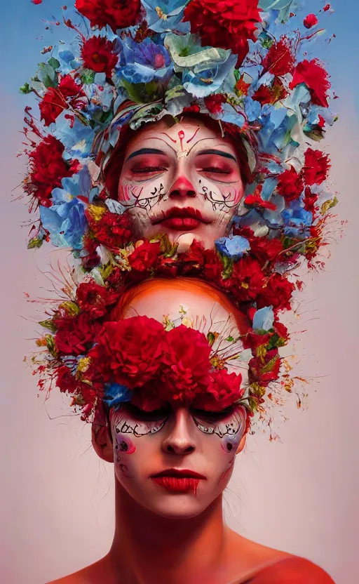 Image similar to a red oil painting hyperrealism of a beautiful woman on a white background, flowers, dia de los muertos makeup, floral headdress, 8 k resolution, octane render, trending on artstation, by gediminas pranckevicius, volumetric light 2 blue fractal thunder glow by dan mumford, anaglyph effect, laurie lipton