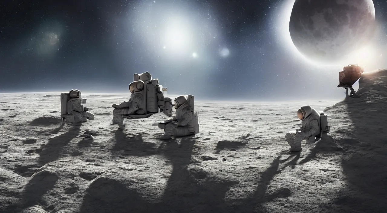 Image similar to hyper realistic matte painting of astronaut on the moon sitting on concrete bench, reading book facing planet earth above horizon, back lighting, highly detailed, trending on artstation, concept art, sharp focus, art by jan matejko