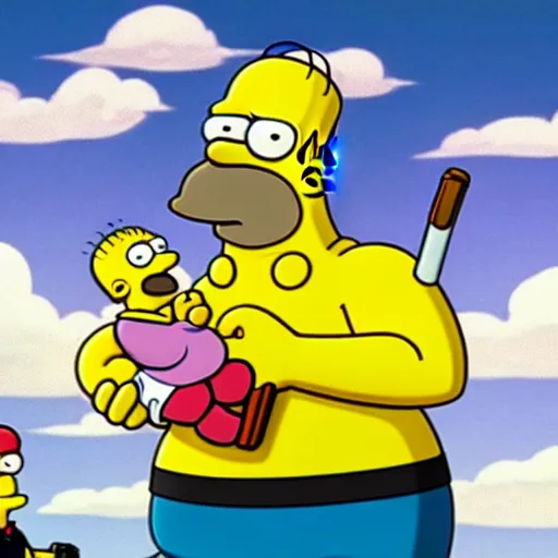 Image similar to homer simpson holding peter griffin at gunpoint