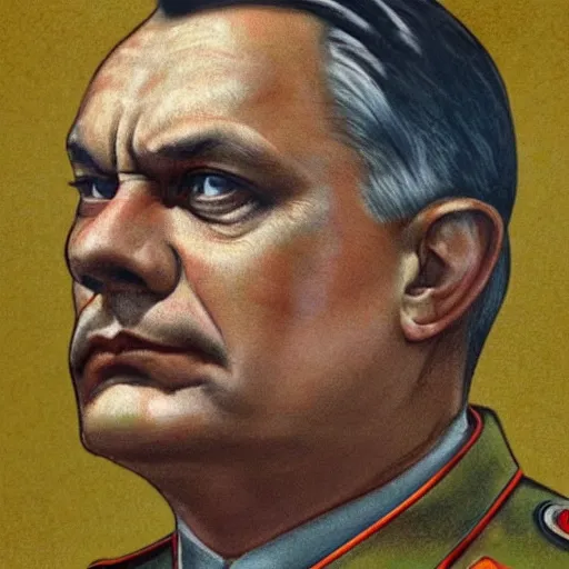 Image similar to portrait of the leader of fascist hungary, viktor orban in nazi uniform, nazi propaganda art 1 9 4 4, highly detailed, colored